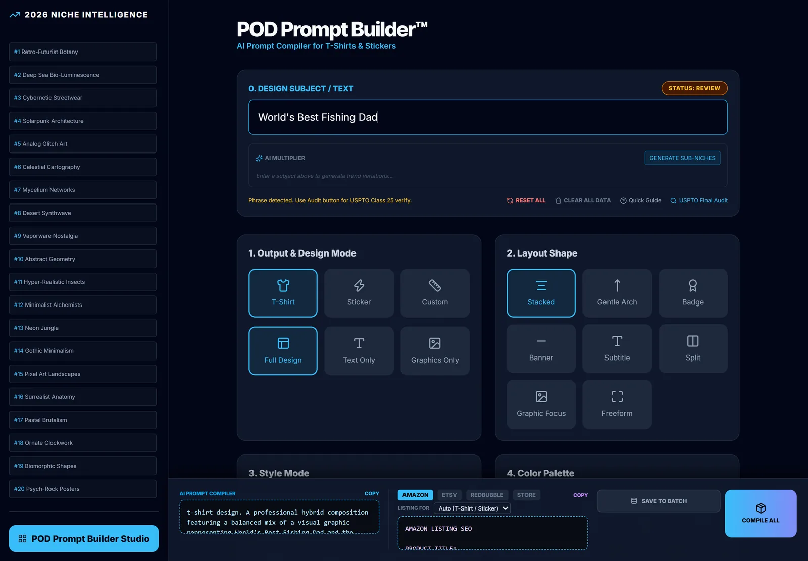 POD Prompt Builder with the subject World's Best Fishing Dad entered, output and layout options, and the compiled prompt and Amazon listing at the bottom