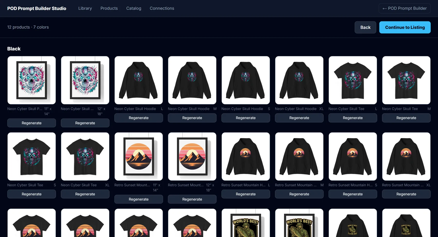 POD Prompt Builder Studio mockup review: three designs on tees, hoodies and posters, grouped by color with a regenerate button on each