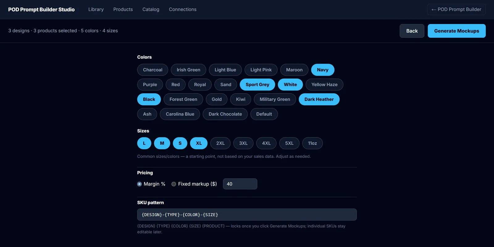 POD Prompt Builder Studio create step with colors and sizes pre-selected, a margin percentage price field and an editable SKU pattern